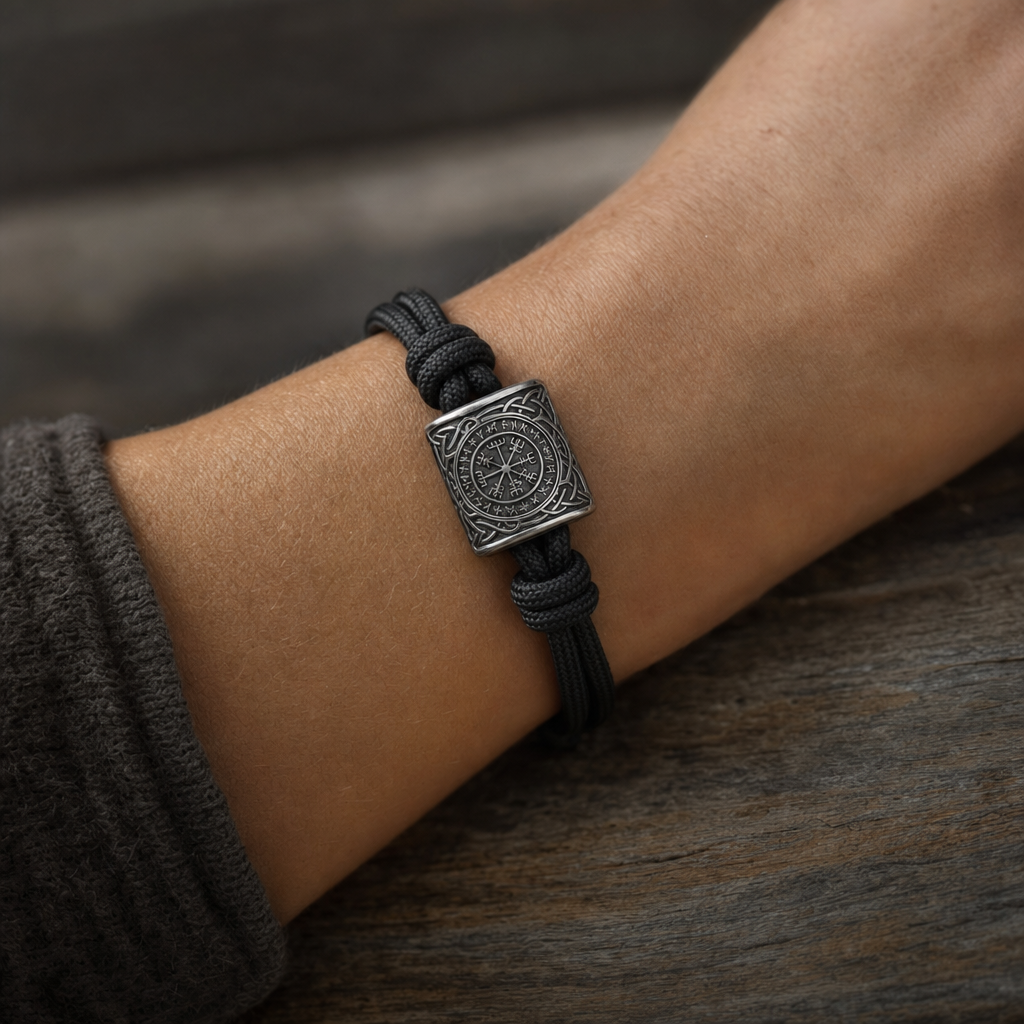 Viking Rune Amulet Slider-Knot Cord Bracelet for Men — worn
