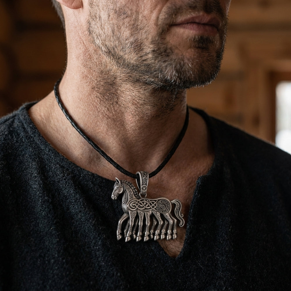Viking Sleipnir Eight-Legged Horse Pendant Necklace — worn