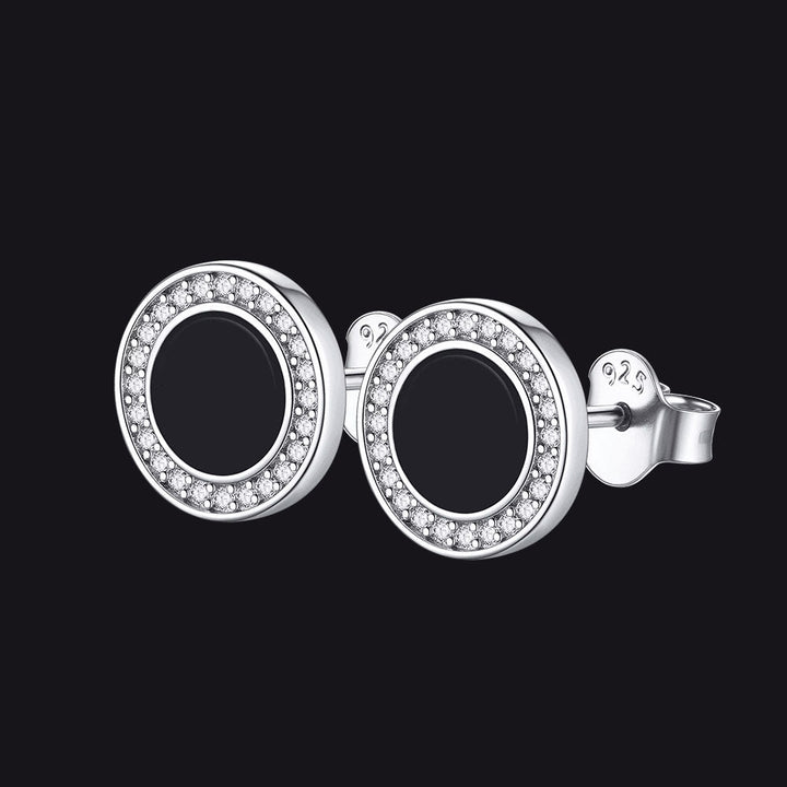 Sterling Silver Viking Runes Black Onyx Stud Earrings For Men
