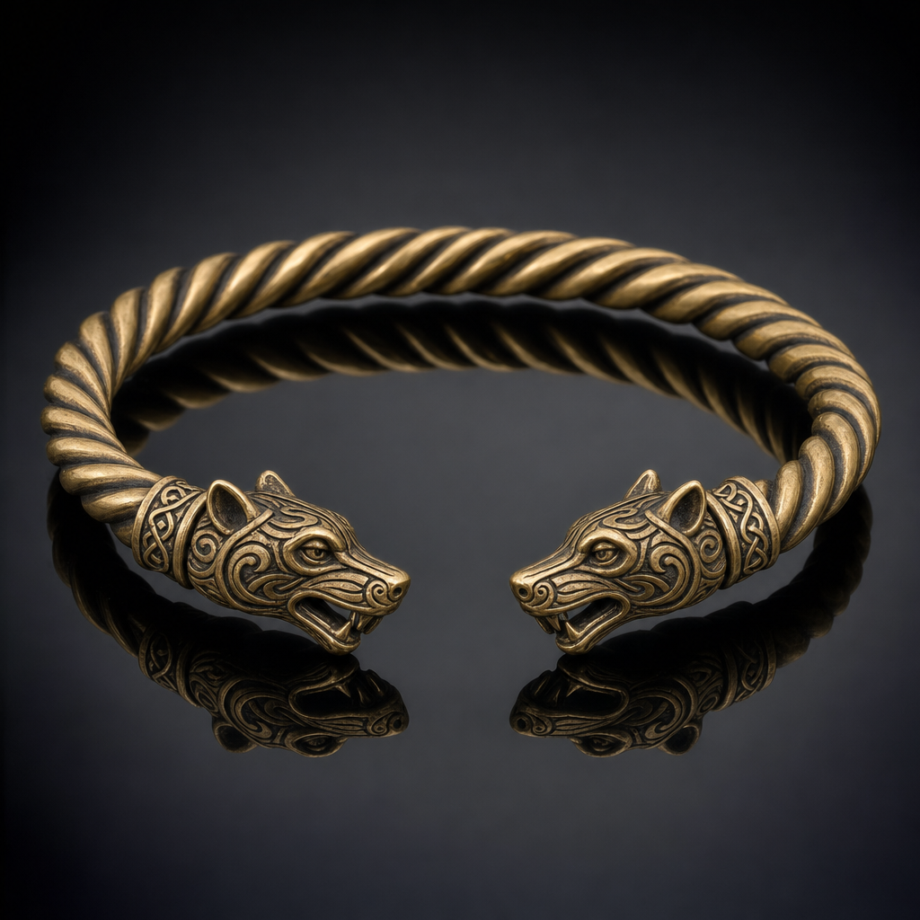 Viking Twisted Torc Neck Ring for Men — Wolf, Snake & Crow Terminal
