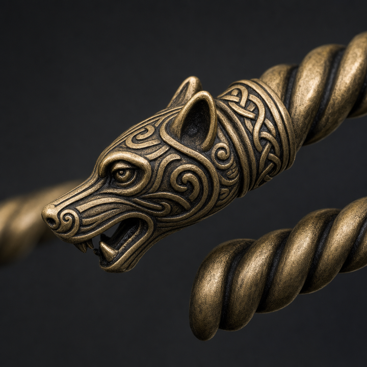 Viking Twisted Torc Neck Ring for Men — Wolf, Snake & Crow Terminal — detail