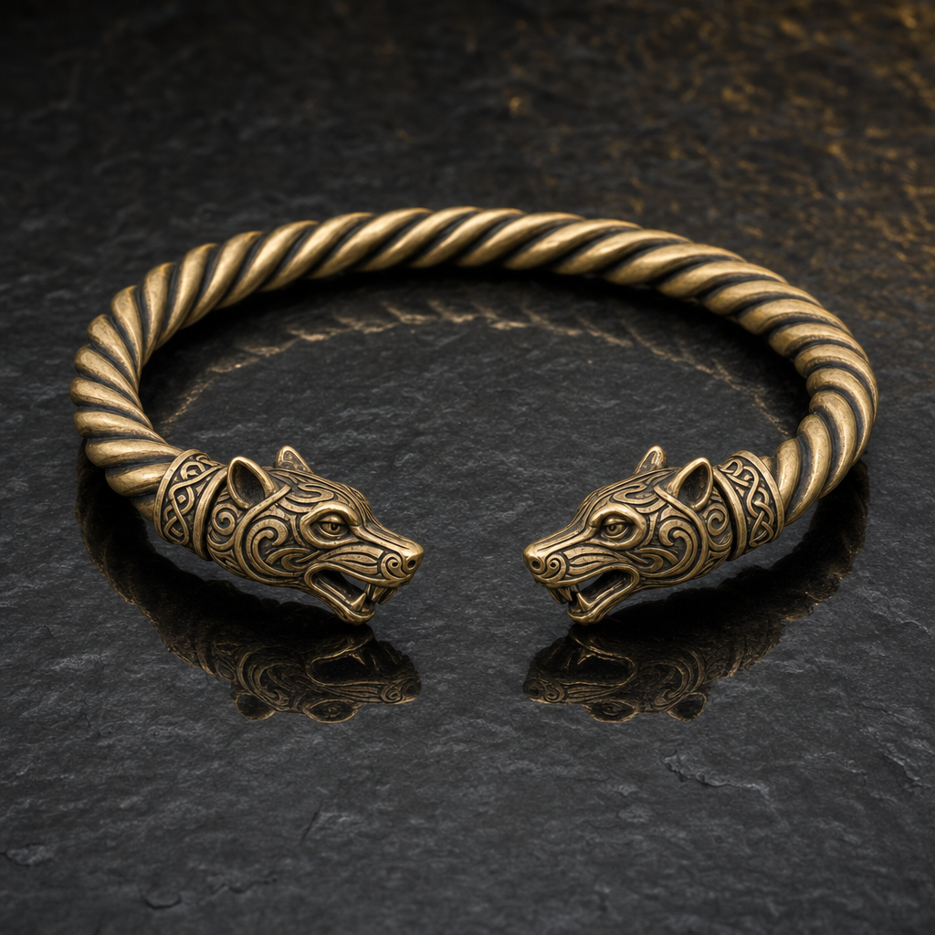 Viking Twisted Torc Neck Ring for Men — Wolf, Snake & Crow Terminal — feature