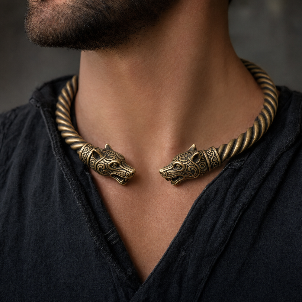 Viking Twisted Torc Neck Ring for Men — Wolf, Snake & Crow Terminal — worn