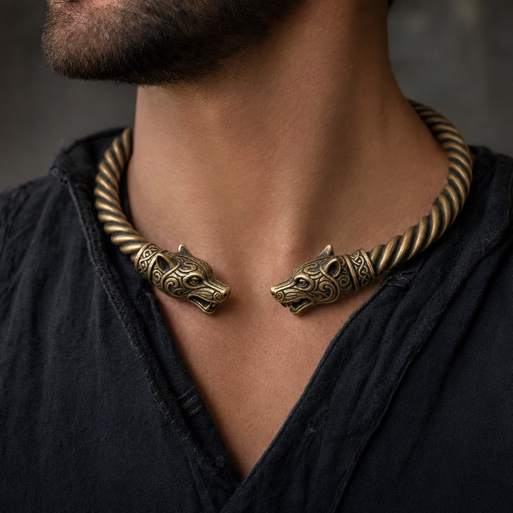 Viking Twisted Torc Neck Ring for Men — Wolf, Snake & Crow Terminal — worn