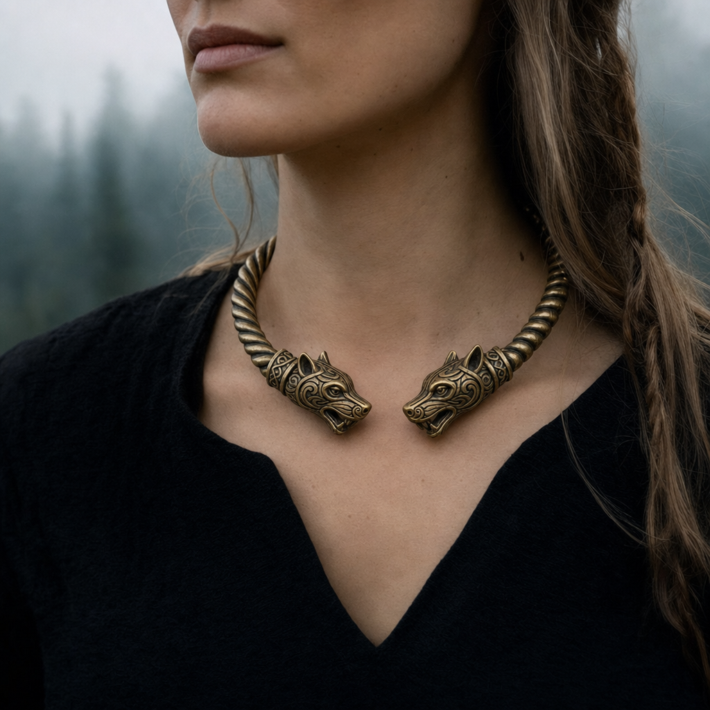 Viking Twisted Torc Neck Ring for Men — Wolf, Snake & Crow Terminal — worn