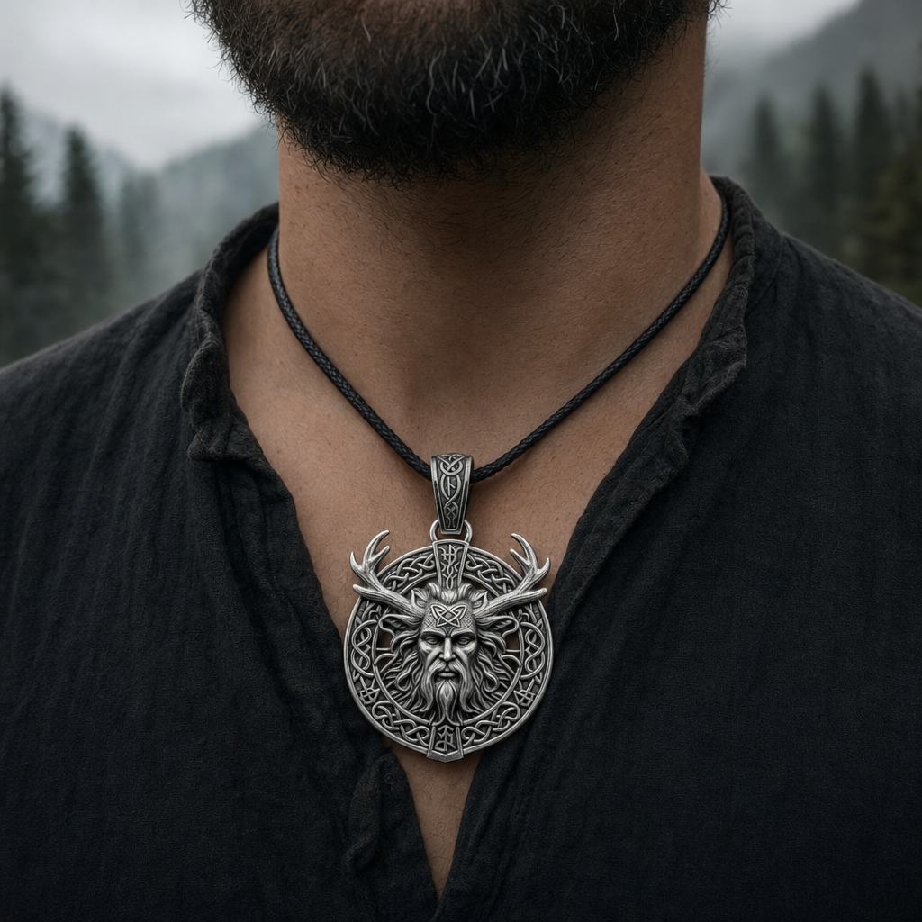 Celtic Cernunnos Horned God Pendant Necklace for Men — worn