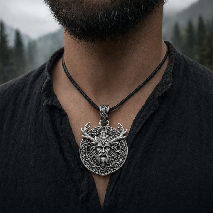 Celtic Cernunnos Horned God Pendant Necklace for Men — worn
