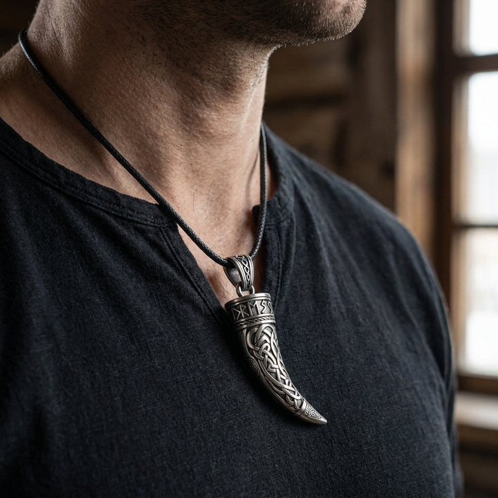 Viking Drinking Horn Pendant Necklace — worn