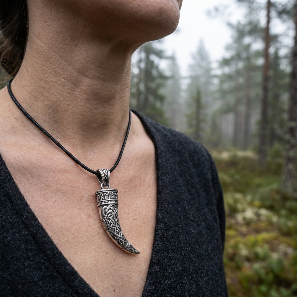Viking Drinking Horn Pendant Necklace — worn