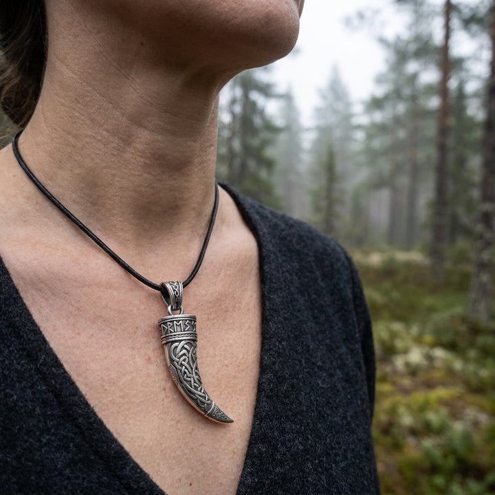 Viking Drinking Horn Pendant Necklace — worn