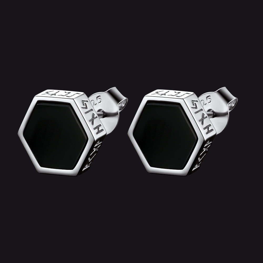 Sterling Silver Viking Runes Black Onyx Stud Earrings For Men