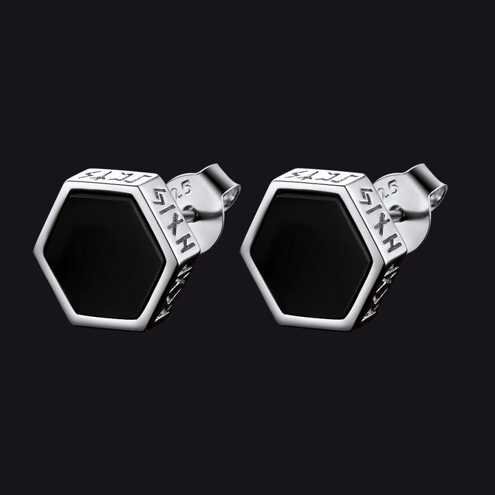 Sterling Silver Viking Runes Black Onyx Stud Earrings For Men