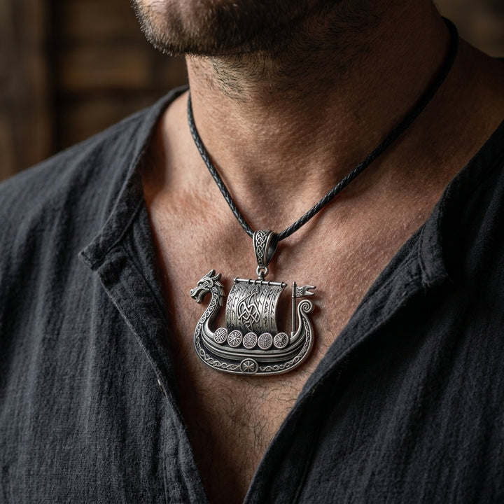 Viking Longship Drakkar Pendant Necklace — worn