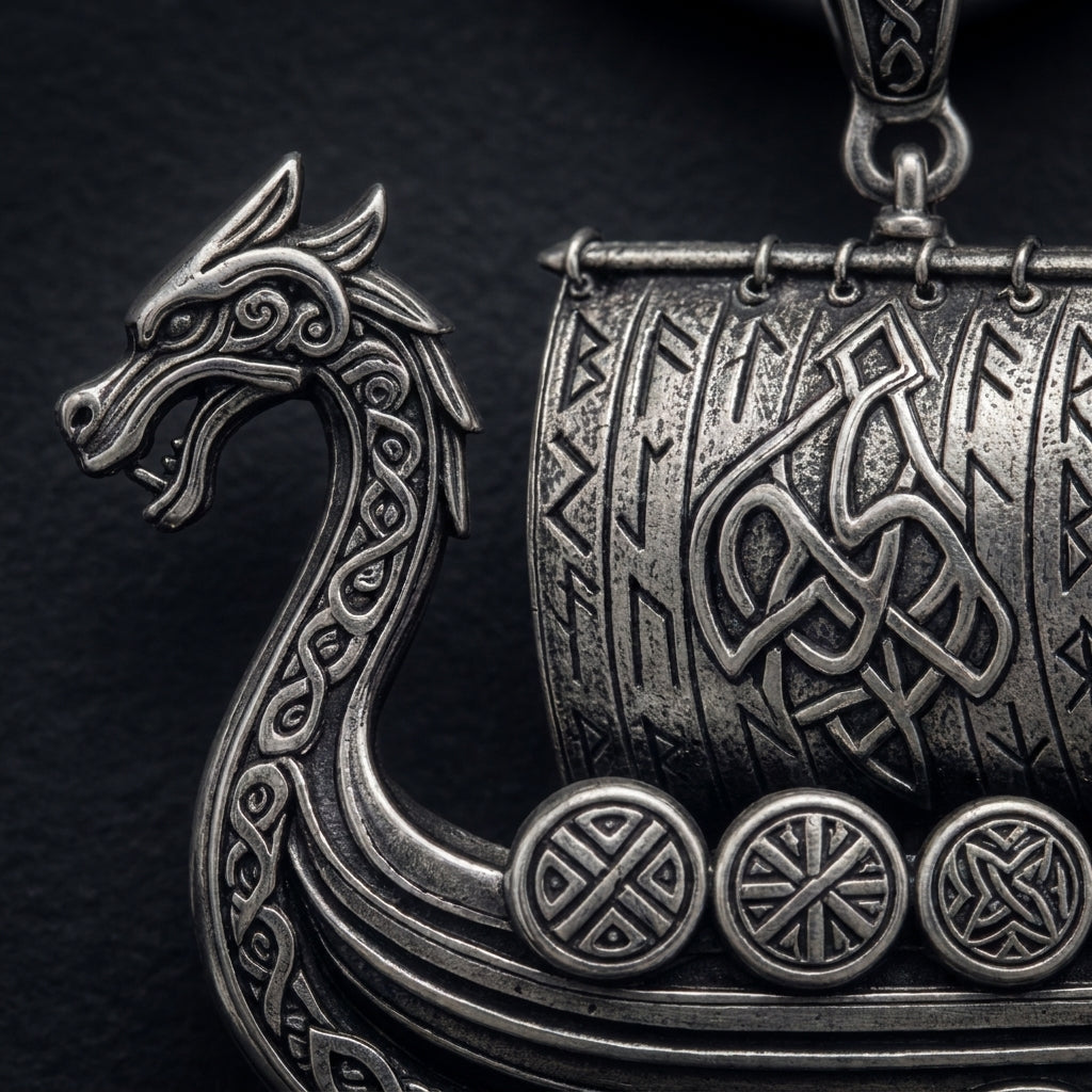 Viking Longship Drakkar Pendant Necklace — detail