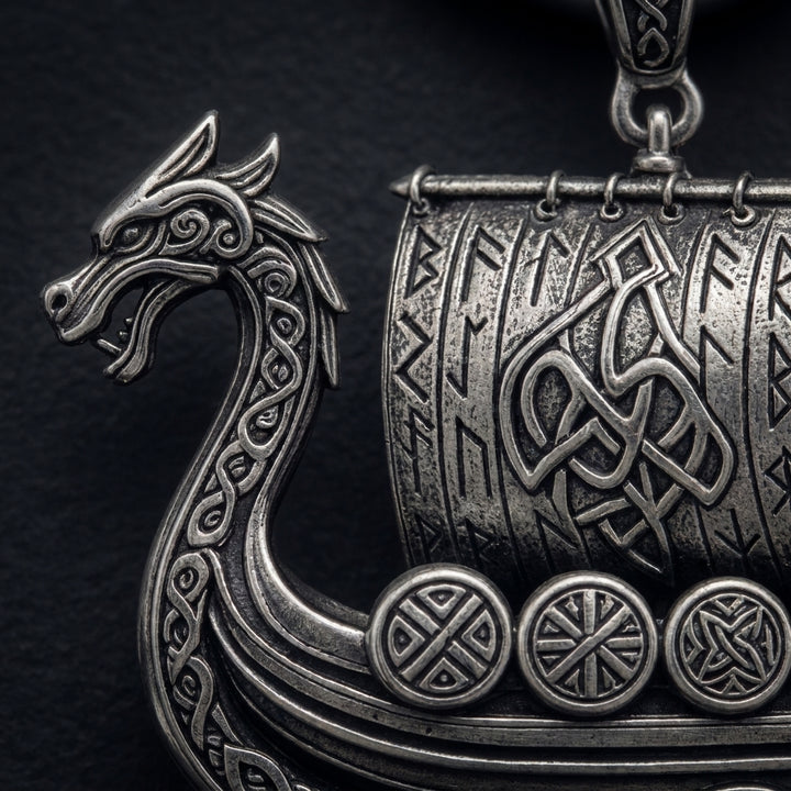 Viking Longship Drakkar Pendant Necklace — detail