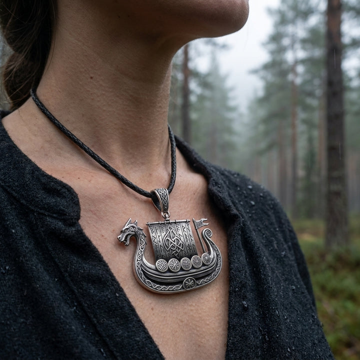 Viking Longship Drakkar Pendant Necklace — worn