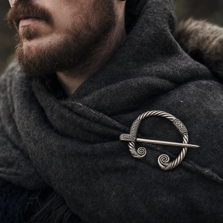 Viking Twisted-Wire Penannular Brooch for Men — worn