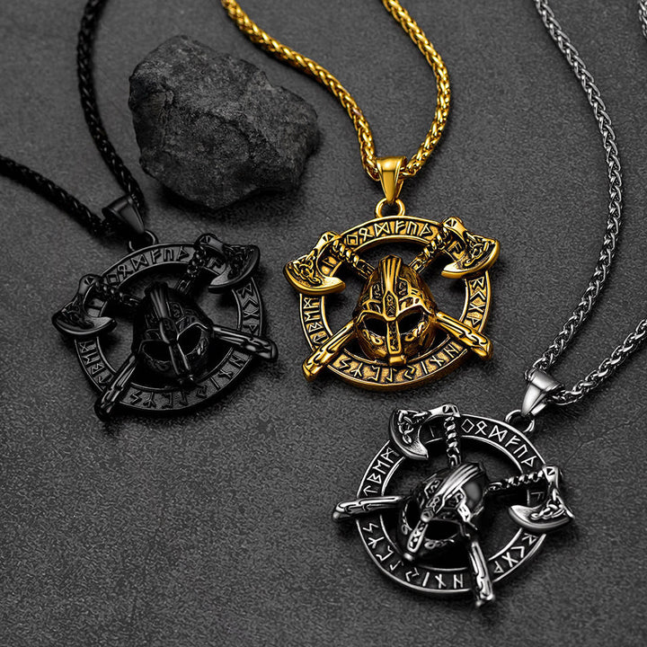 Flash Sale Viking Axe Helmet Pendant Necklace For Men With Runes