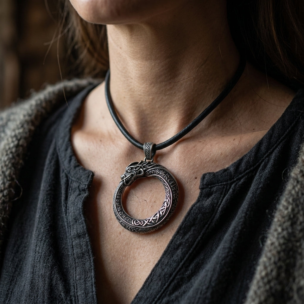 Jörmungandr Ouroboros Serpent Pendant Necklace — worn
