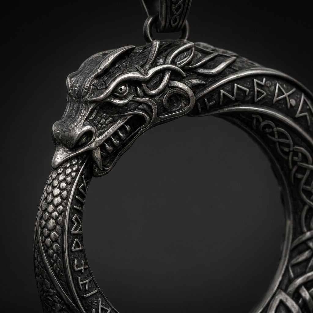 Jörmungandr Ouroboros Serpent Pendant Necklace — detail