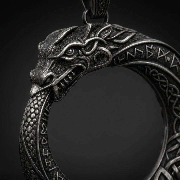 Jörmungandr Ouroboros Serpent Pendant Necklace — detail