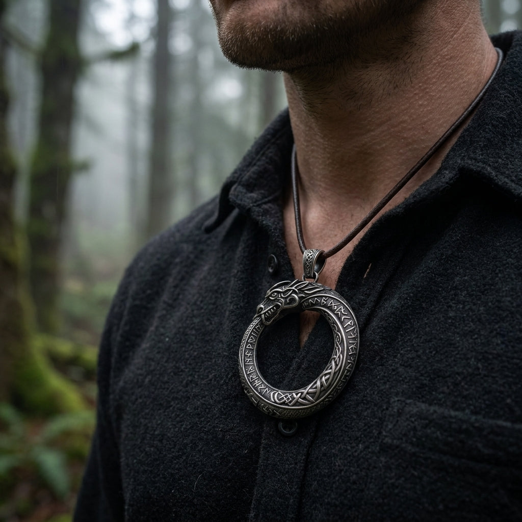 Jörmungandr Ouroboros Serpent Pendant Necklace — worn