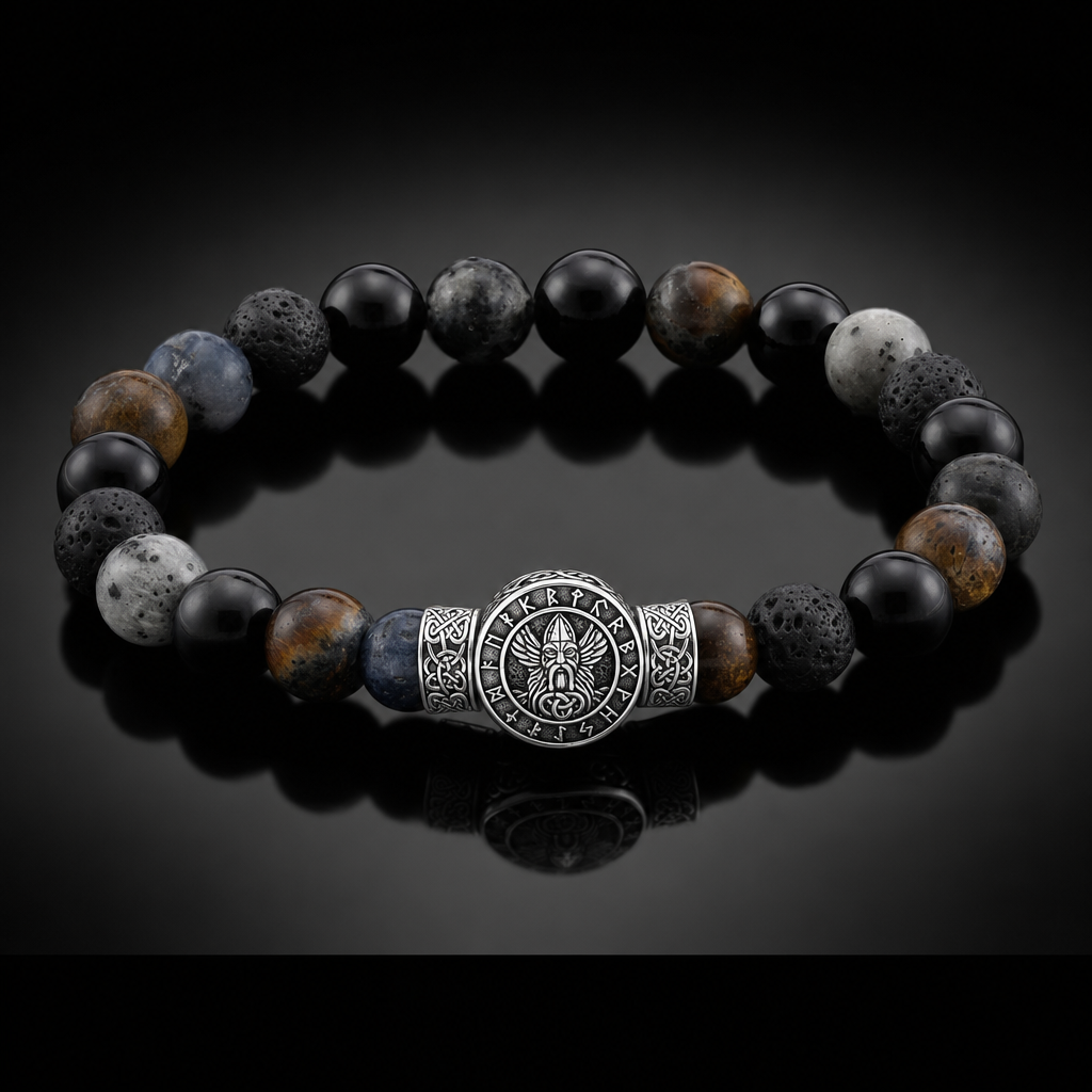 Norse Symbol Gemstone Bead Bracelet for Men