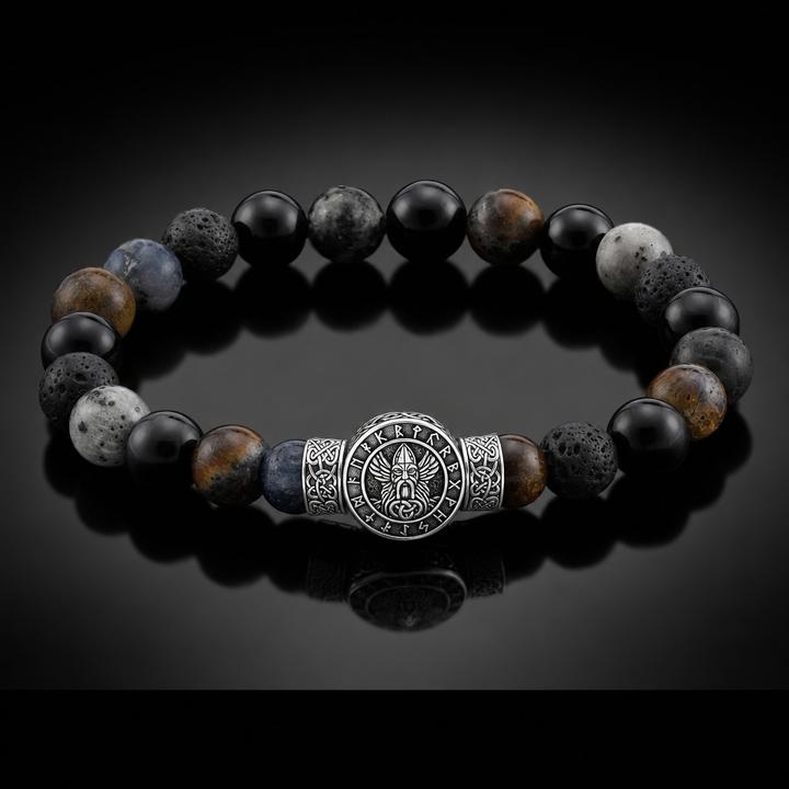 Norse Symbol Gemstone Bead Bracelet for Men