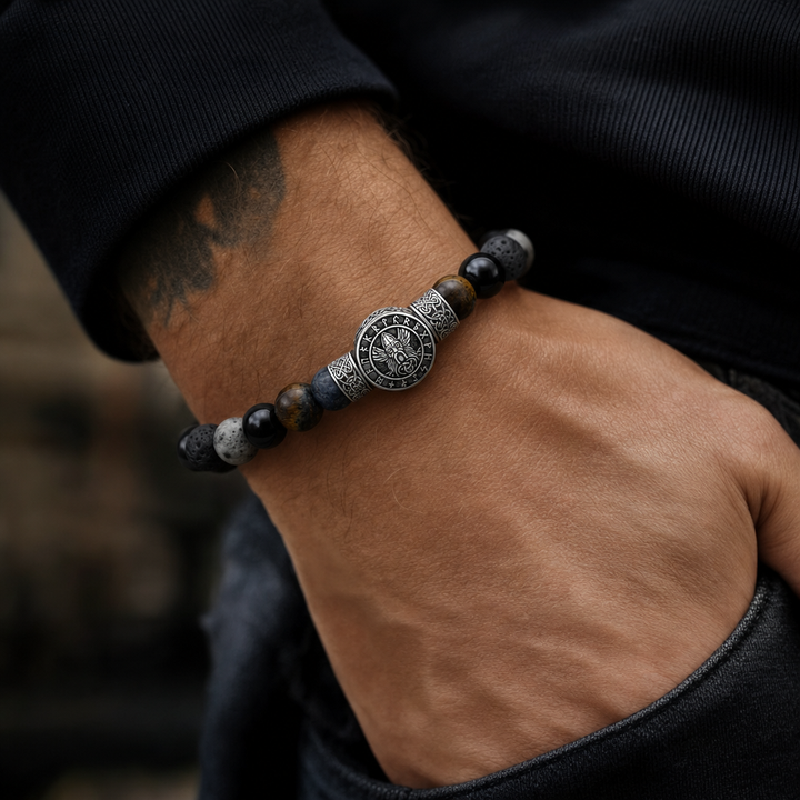 Norse Symbol Gemstone Bead Bracelet for Men — worn