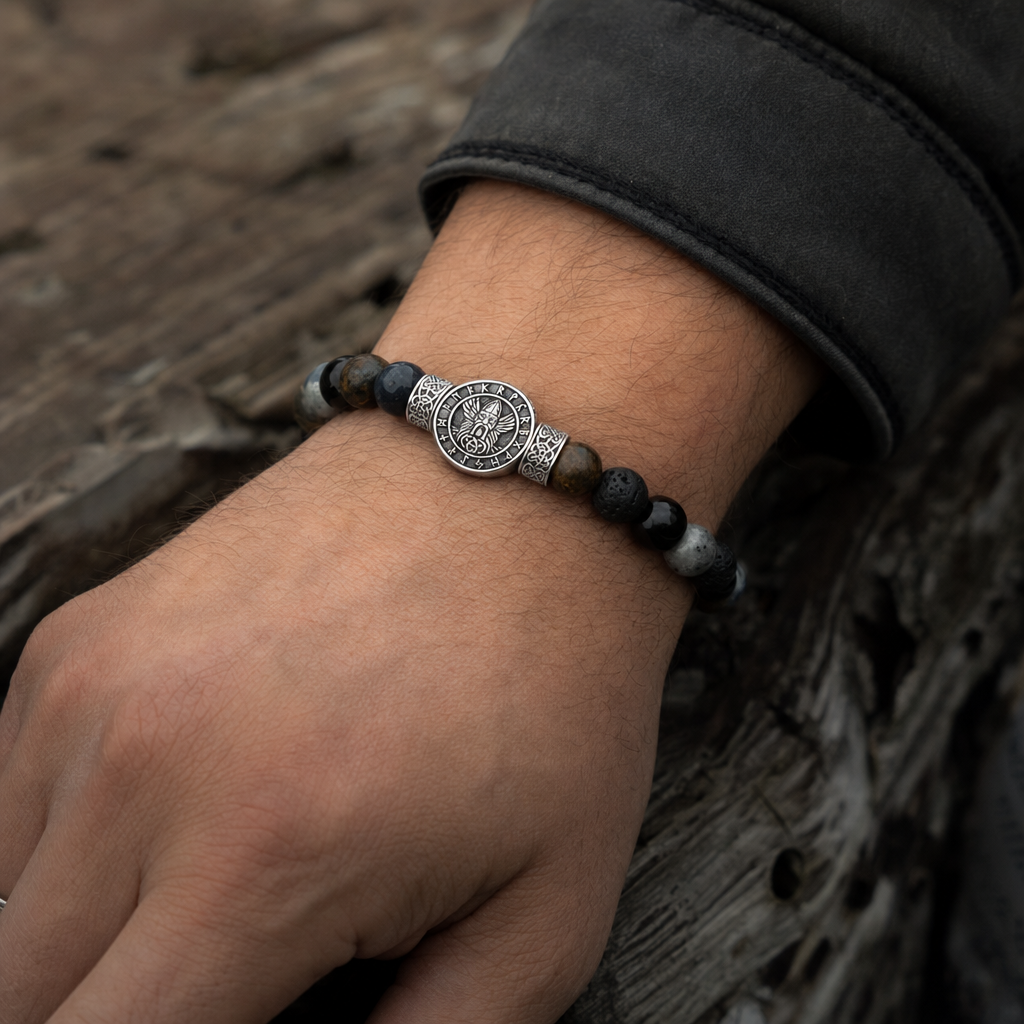 Norse Symbol Gemstone Bead Bracelet for Men — worn
