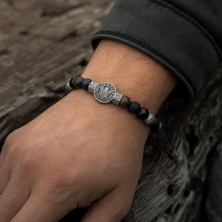 Norse Symbol Gemstone Bead Bracelet for Men — worn