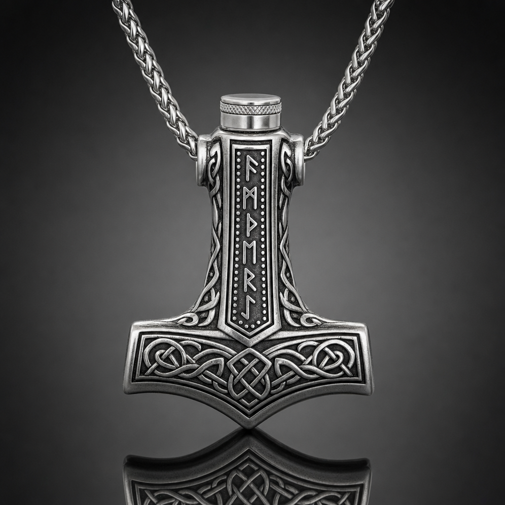 Viking Mjölnir Rune Cremation Urn Necklace for Men