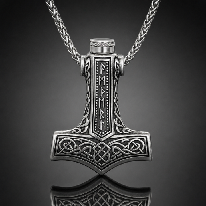 Viking Mjölnir Rune Cremation Urn Necklace for Men