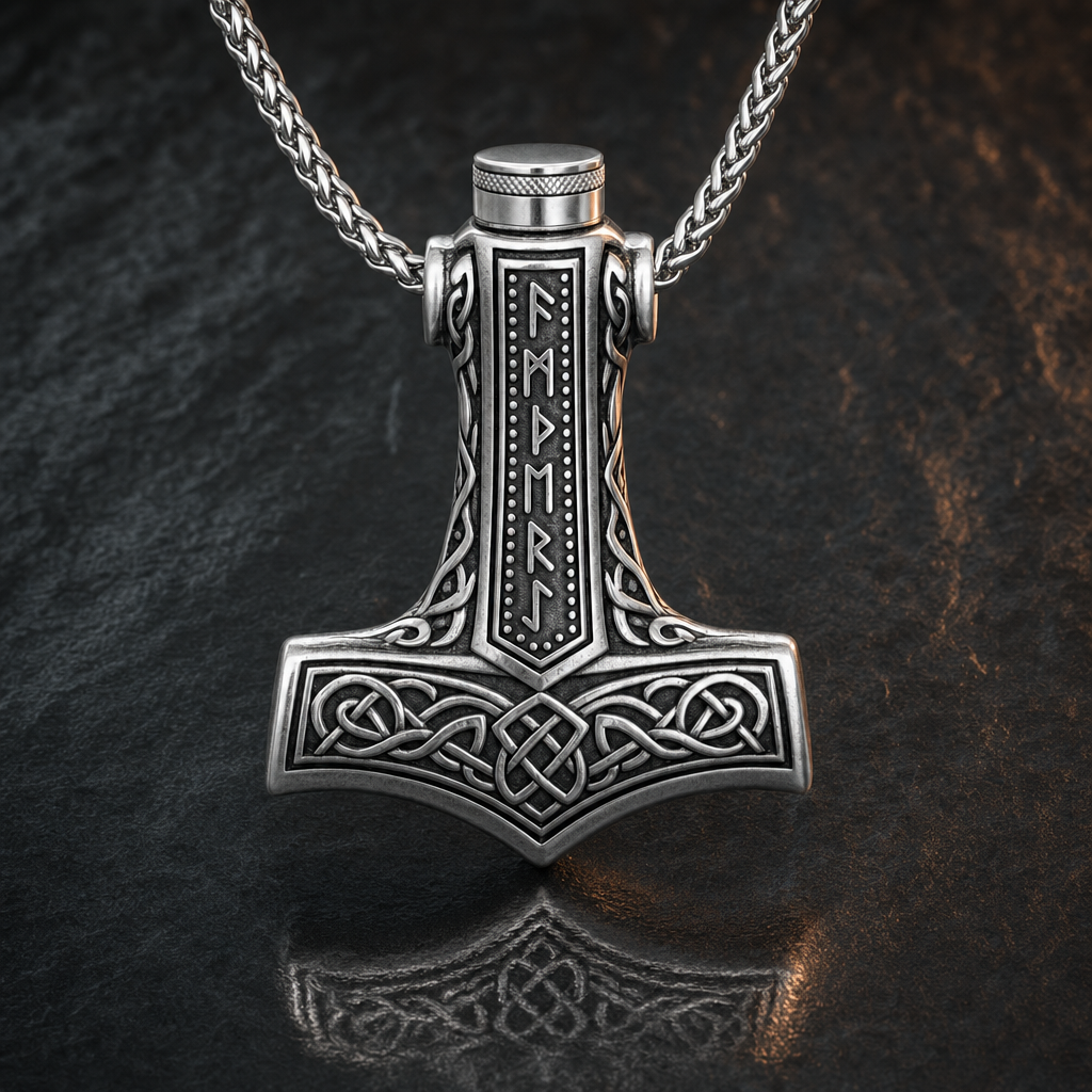 Viking Mjölnir Rune Cremation Urn Necklace for Men — feature