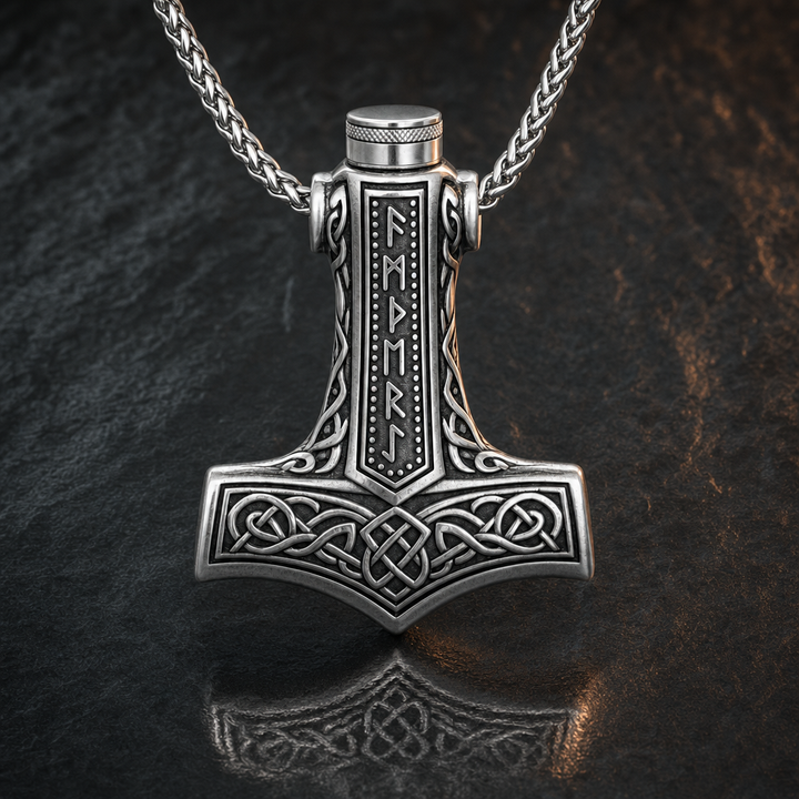 Viking Mjölnir Rune Cremation Urn Necklace for Men — feature