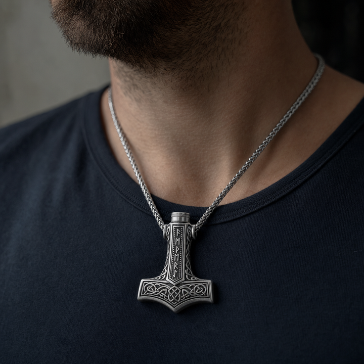 Viking Mjölnir Rune Cremation Urn Necklace for Men — worn