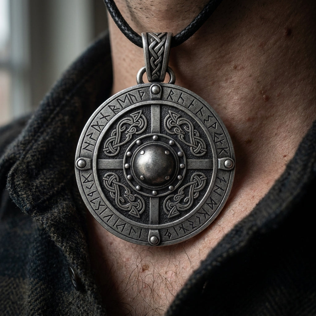 Viking Shield Pendant Necklace with Runes — worn