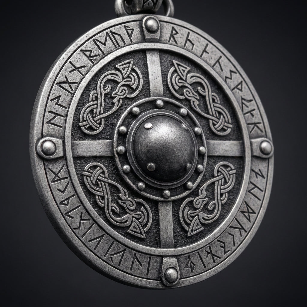 Viking Shield Pendant Necklace with Runes — detail