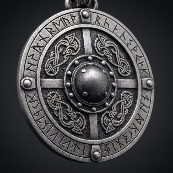 Viking Shield Pendant Necklace with Runes — detail