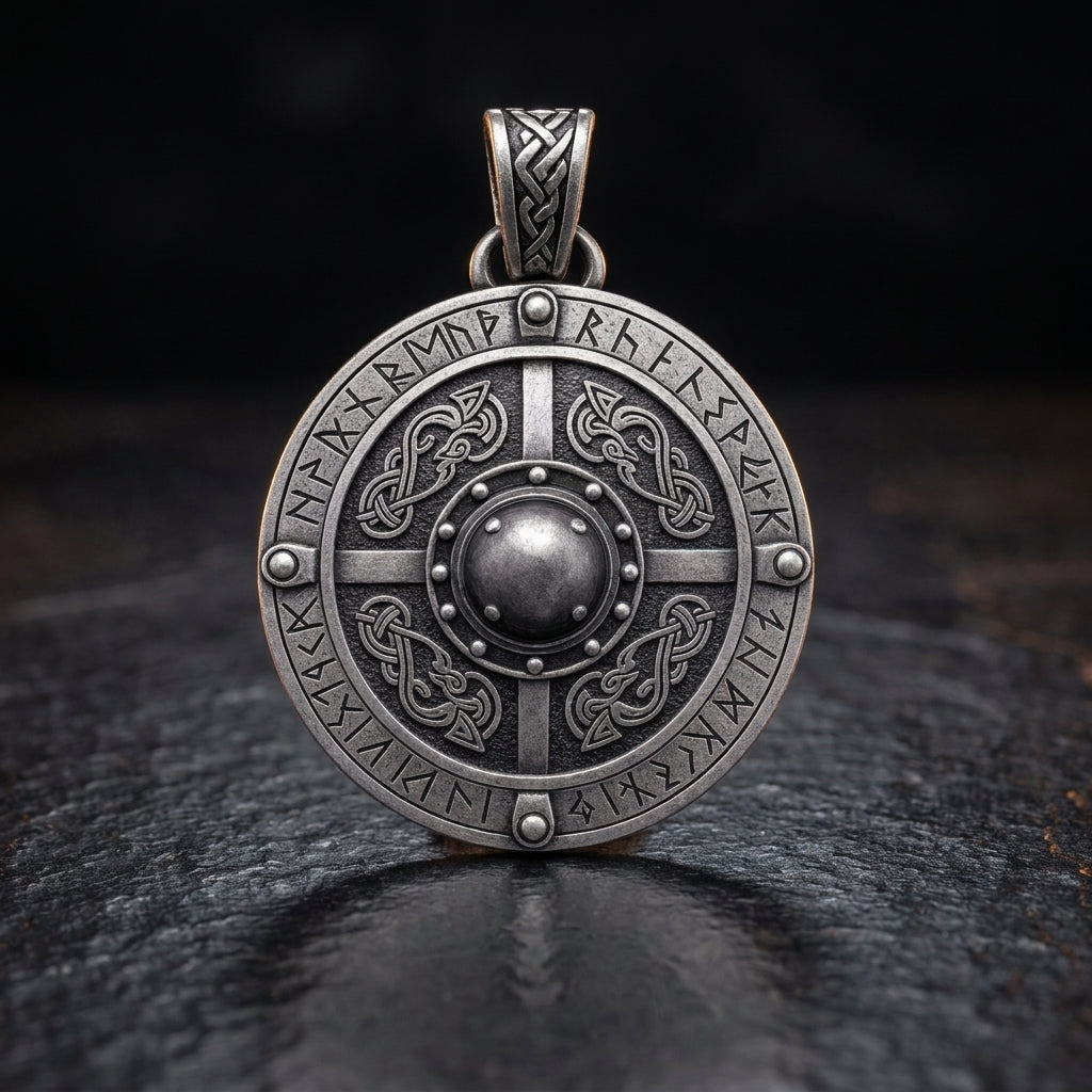 Viking Shield Pendant Necklace with Runes — feature