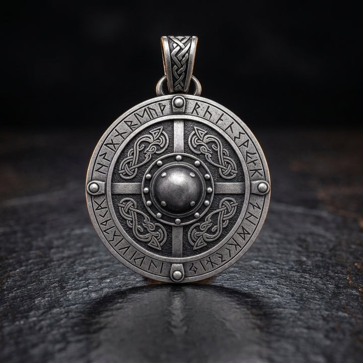 Viking Shield Pendant Necklace with Runes — feature