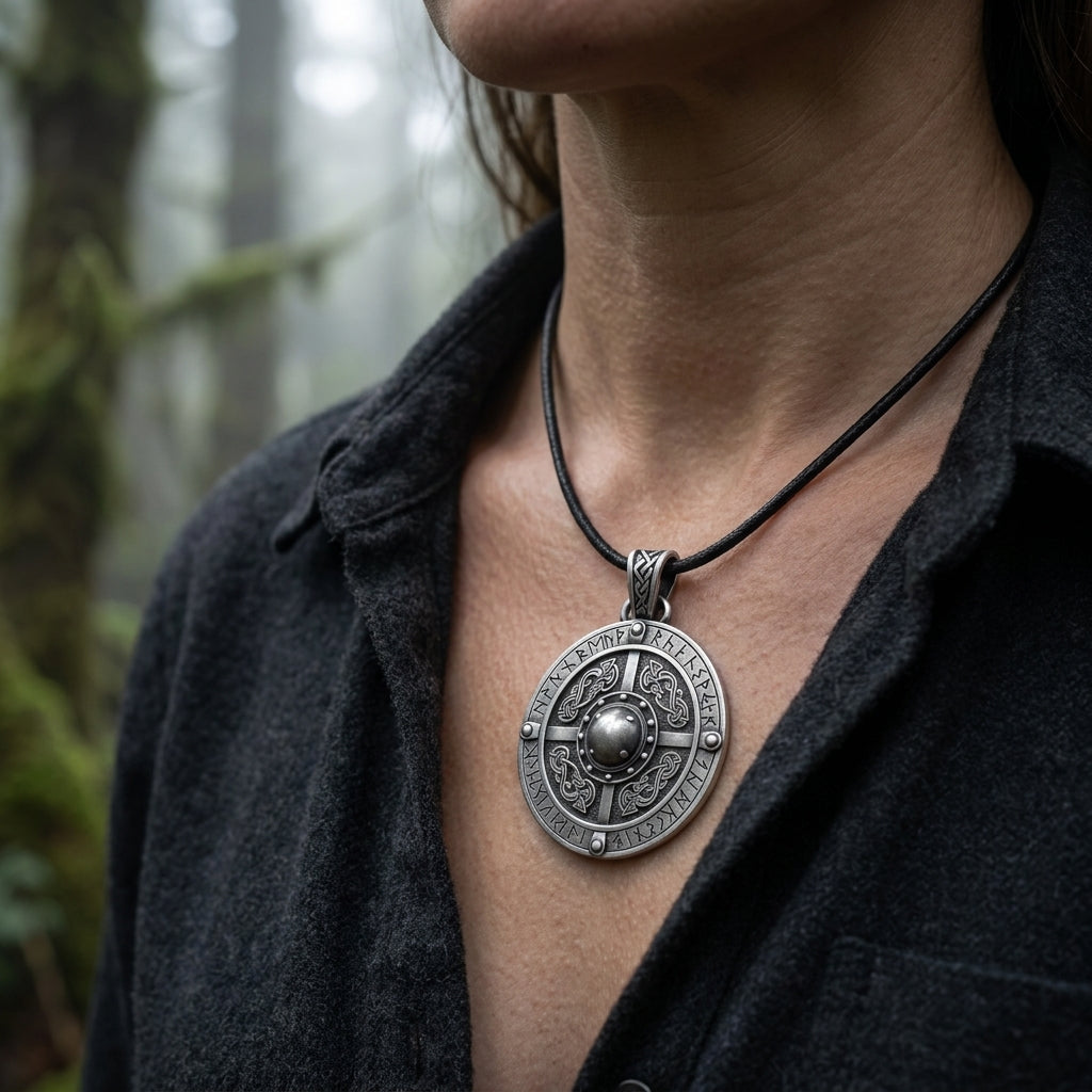 Viking Shield Pendant Necklace with Runes — worn