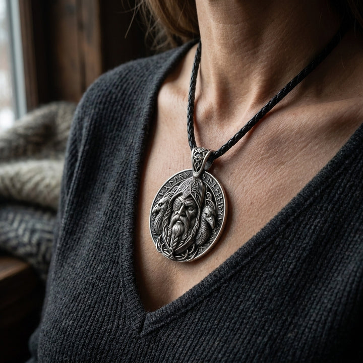 Odin Allfather Face Pendant Necklace — worn