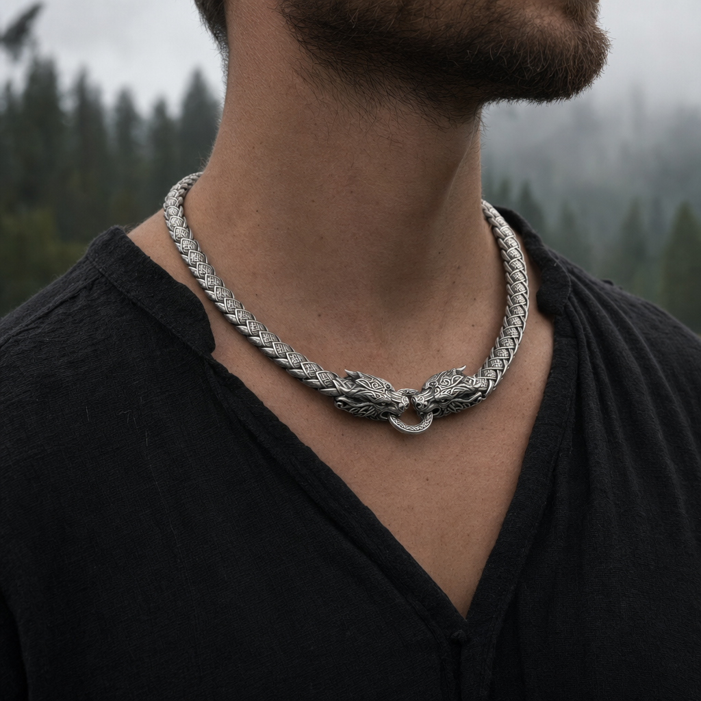 Viking Nidhögg Dragon-Scale Link Chain for Men — worn