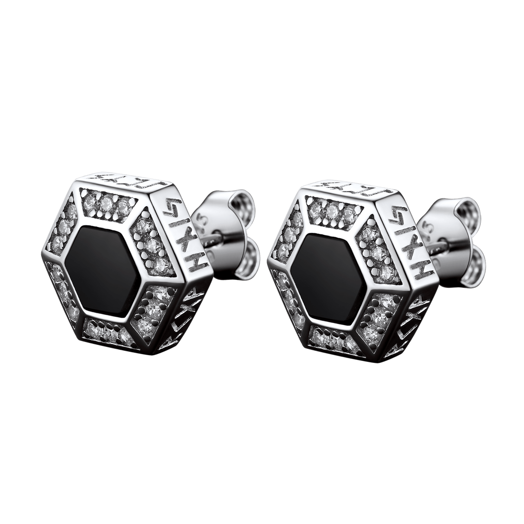 Viking Rune Hexagon Black Onyx Stud Earrings for Men