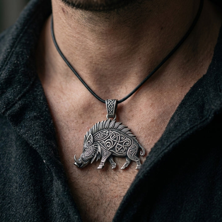 Viking Boar Gullinbursti Pendant Necklace — worn