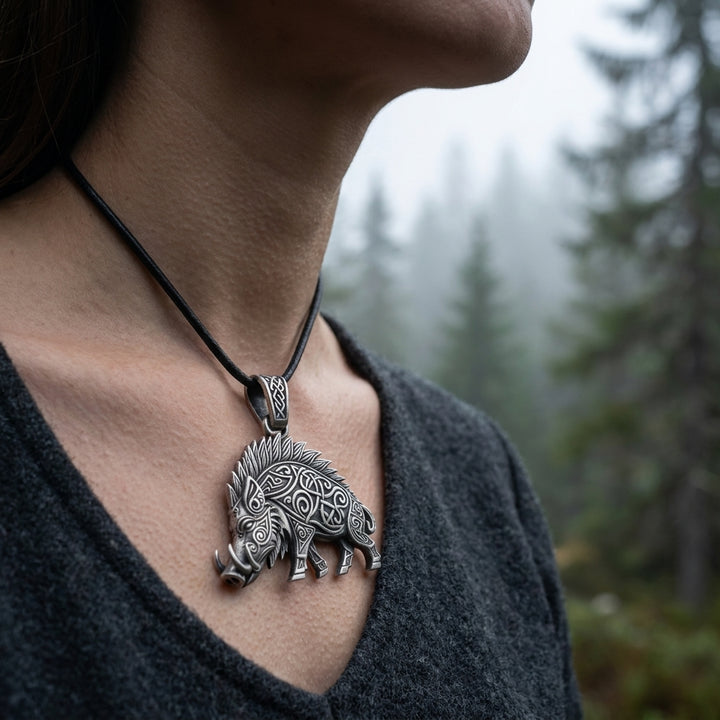 Viking Boar Gullinbursti Pendant Necklace — worn