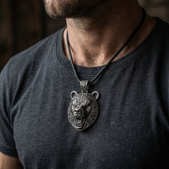 Berserker Bear Warrior Pendant Necklace — worn