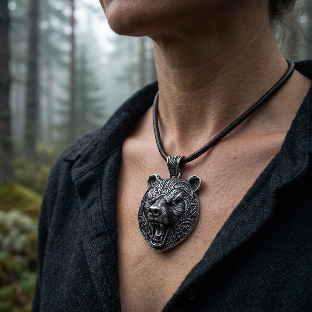 Berserker Bear Warrior Pendant Necklace — worn