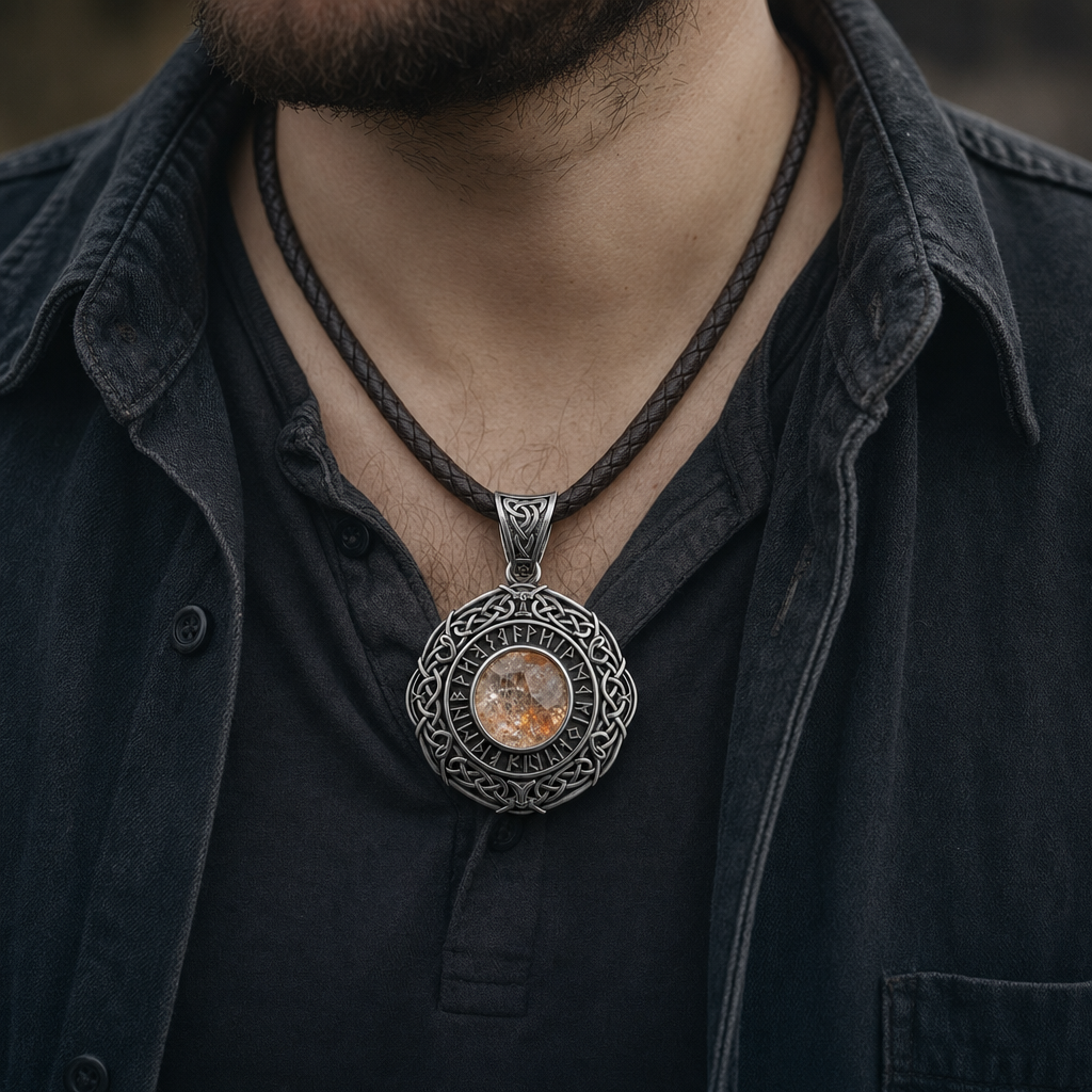 Viking Sunstone (Solarsteinn) Navigation Pendant for Men — worn